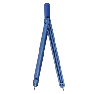 Vista detallada de un compás de precisión de metal azul con escala integrada para matemáticas