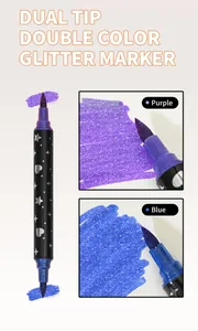 Detailansicht eines Glitzermarkers mit Doppelspitze und lila sowie blauen Glitzereffekten