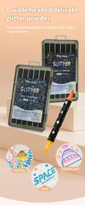 Detailansicht der Glitzermarker mit zwei Spitzen, lebendigen Zeichnungen und 12-Farben-Etuis.
