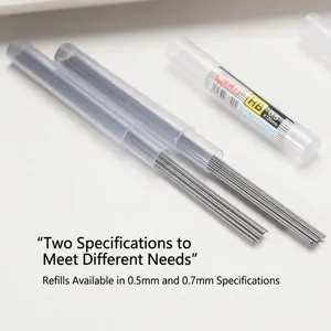 Close-up detail of 0.5mm and 0.7mm mechanical pencil lead refills in clear plastic tubes