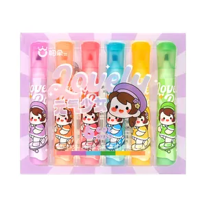 6-color sparkling highlighter set with cute cartoon girl designs for journaling