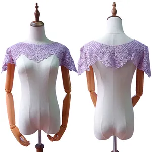 Women Embroidered Lace Hanfu Cloud Shoulder Shawl Short Hollow Out Shrug With Sleeves Vintage Chiffon Fake Collar Top