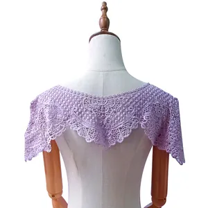 Detailed back view of a lavender lace hollow embroidered Hanfu cloud shoulder shawl