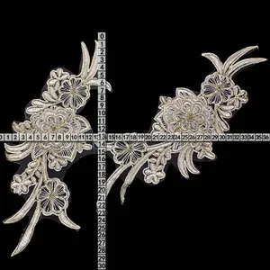 Detail view showing dimensions of gold floral embroidery lace applique patches