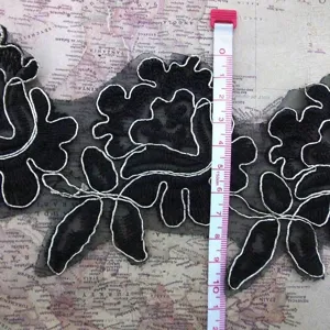 Detailed black floral corded embroidery water-soluble lace trim for DIY sewing