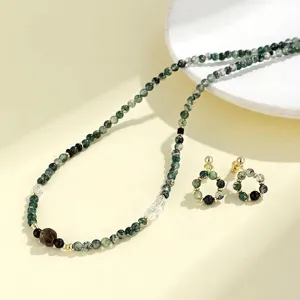 Natuurlijke Mosagaat Ketting Oorbellen Set Chinese Stijl Retro Groene Stenen Kralen Trui Ketting Sieraden Voor Vrouwen Elegant Cadeau