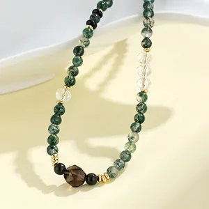 Elegante retro ketting van natuurlijke mosagaat met rookkwarts in Chinese stijl