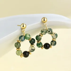 Elegante natuurlijke mosagaat oorringen in vintage Chinese stijl met gouden knopjes