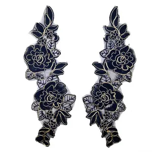 Embroidered Rose Flower Patches Black Gold Water Soluble Organza Lace Applique For DIY Wedding Dress Evening Gown Clothing Decoration Sewing Accessories
