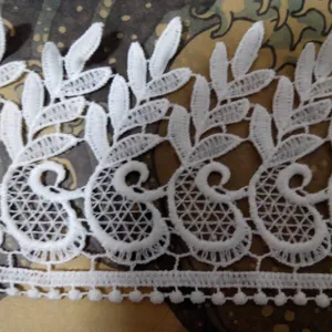 Detailed macro shot of white water-soluble milk silk lace trim for DIY embroidery projects