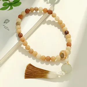 Wood Bodhi Lotus Beaded Handheld Bracelet For Men Women Zen Style Six-Word Mantra Prayer Beads Long Tassel Jewelry Hand String