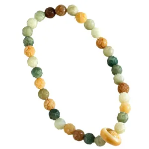 Traditional Chinese national style lotus carved beaded bracelet with decorative ring charm