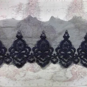 Detailed macro shot showing the intricate pattern of black water-soluble corded lace trim