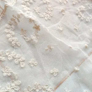 Close-up of elegant white lace fabric featuring delicate floral embroidery textures