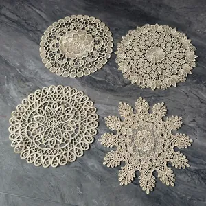Retro Lace Embroidered Hollow Out Coaster Beige Floral Table Mat French Vintage Heat Insulated Cup Pad Home Decor Props