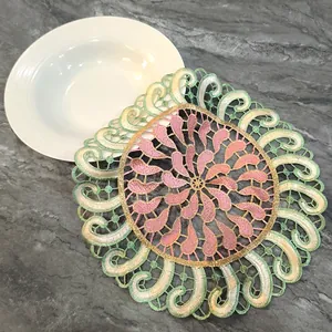 Detailed close-up of a colorful 3D embroidered lace placemat with a ceramic dish