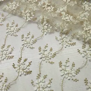 Tessuto in Pizzo Idrosolubile Ricamo Floreale Oro Bianco Doppio Strato Fiore Fluttuante Materiale Abito da Sposa Poliestere Nylon