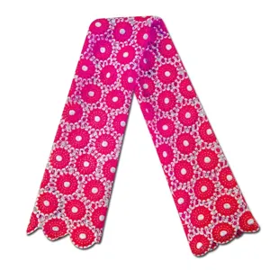 Detail view of water-soluble milk silk lace fabric with pink geometric flower pattern