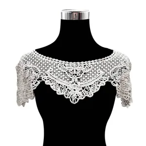 Intricate white floral lace hollow embroidery shawl collar shown on black mannequin