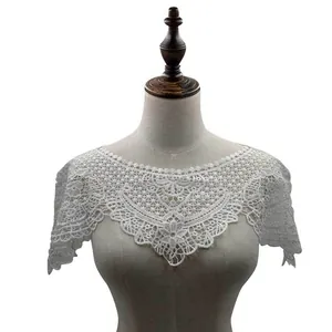 Detailed view of a white hollow lace Hanfu shawl with embroidered floral collar design