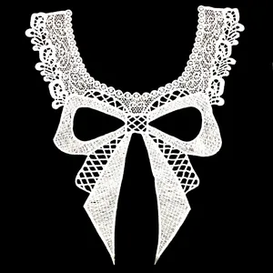 Detailed view of white milk silk water-soluble lace collar with 3D hollow bow embroidery