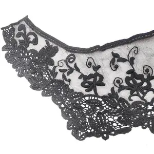 Close-up of black mesh embroidered collar with intricate floral lace pattern for DIY