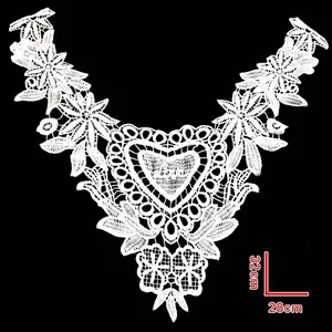 Detailed view of white heart embroidery lace collar with flower pattern, 32x28cm size