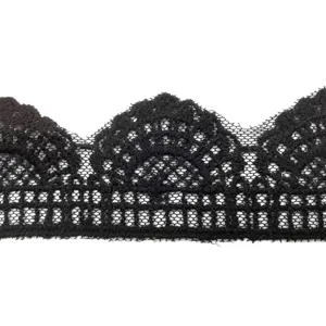 Detailed close-up view of black embroidered mesh lace trim for DIY sewing crafts
