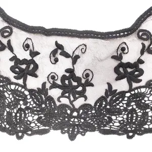 Close-up of black milk silk floral lace collar with intricate embroidery