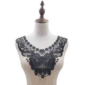 Detailed view of elegant black water-soluble lace neckline embroidery applique for sewing