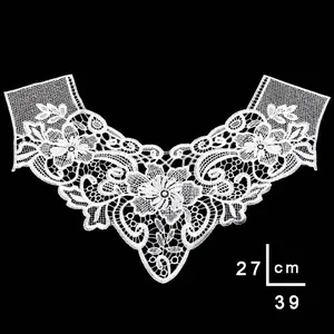 Detail view of exquisite white water-soluble lace floral collar with dimensions 27x39cm
