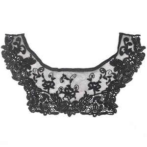 Detailed view of black embroidered floral lace collar on mesh base for DIY projects.
