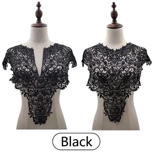 Detailed view of black water-soluble lace collar with floral embroidery details