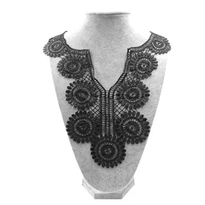 Detail view of black water-soluble lace embroidery collar for DIY garment decoration