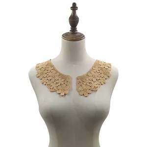 Detailed view of camel floral milk silk embroidery lace collar on mannequin torso