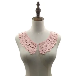 Detailed view of pink water-soluble lace collar with floral embroidery for DIY sewing