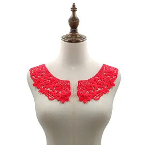 Elegant red water-soluble lace collar applique with hollow out floral embroidery for DIY.