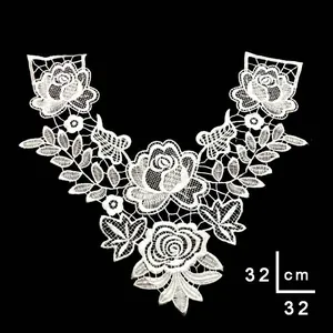 Close-up detail of white water-soluble lace floral collar measuring 32x32cm for DIY sewing