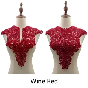 Detailed macro view of wine red water-soluble floral lace collar with embroidery