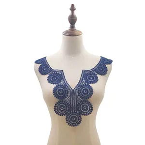 Detailed view of navy blue water-soluble lace collar with 3D embroidery pattern