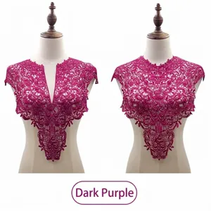 Detail view of dark purple water-soluble lace collar in V-neck and round styles.