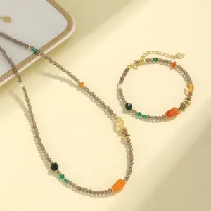 Conjunto de Collar y Pulsera de Cuentas de Cuarzo Ahumado Facetadas Retro para Mujer Con Colgante de Calabaza de Jade de Seda Dorada Joyas de Estilo Chino Tradicional