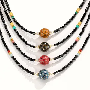 Elegant black agate necklaces featuring traditional Chinese style colorful lacquer beads