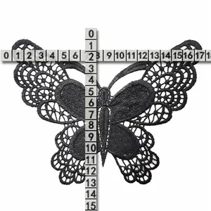 Detailed measurement showing size of a black water-soluble lace butterfly embroidery patch.