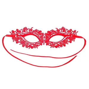 Close-up detail of intricate red water-soluble lace floral pattern on an eye mask