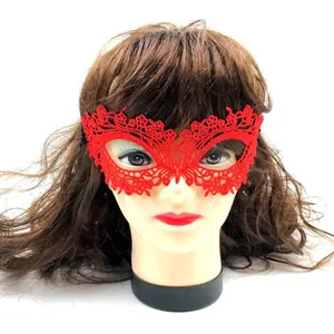 Red water-soluble lace masquerade mask with intricate hollow floral pattern detail