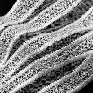 Macro detail of white polyester silk embroidery on fine mesh fabric for collars