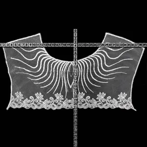 White embroidered lace collar with mesh base shown with measurement ruler dimensions