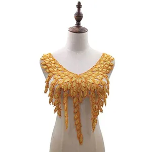 Water Soluble Lace Detachable Collar For Women 3D Hollow Embroidery Flower Applique Heavy Craft Dual Tone Feather Tassel Patch For Wedding Dress Costume Accessory