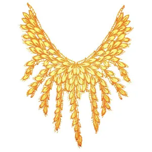 Detailed macro view of an elegant golden water-soluble lace collar flower with hollow embroidery.